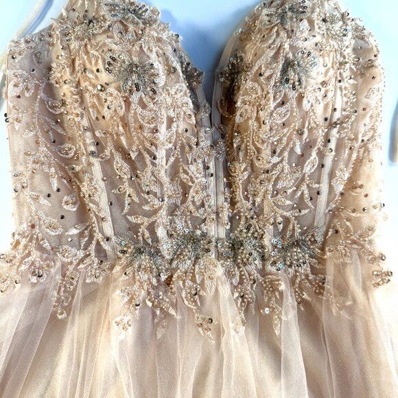 Cinderella Devine Champagne Color Short Dress Deep V Neckline Size XS - Picture 3 of 5